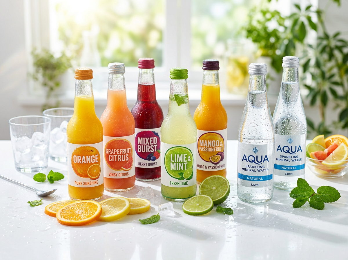 Fresh juices, sparkling water, and citrus fruit