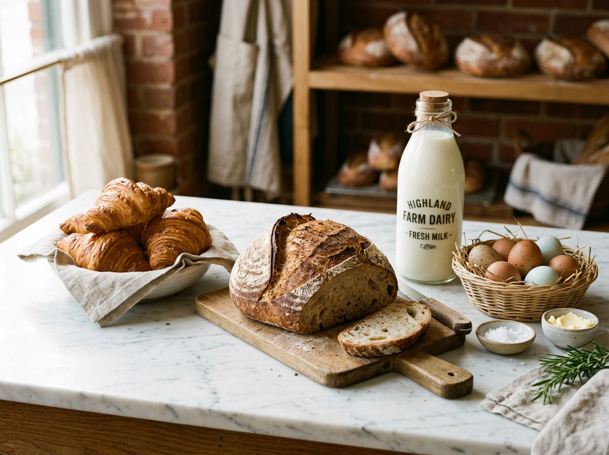 Fresh bread, croissants, milk, and eggs