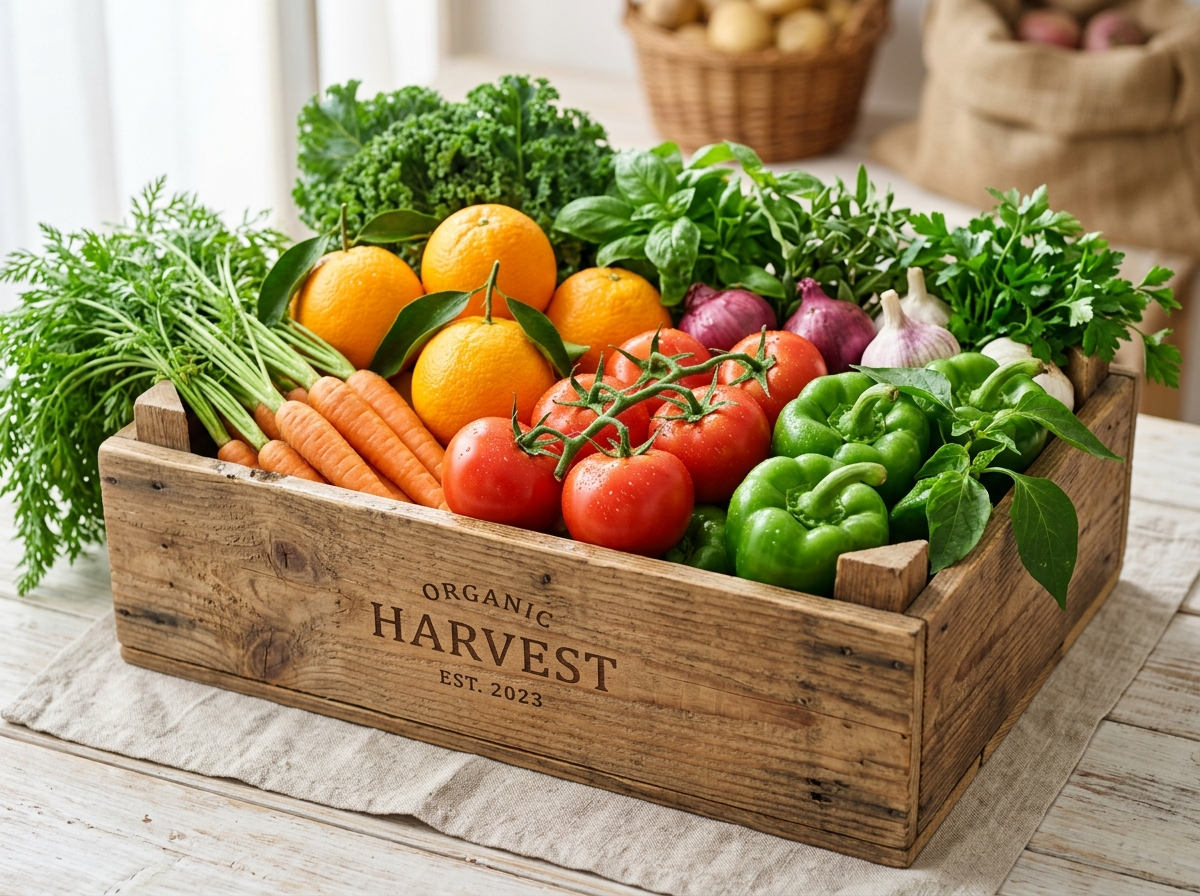 Fresh produce crate with tomatoes, peppers, and carrots