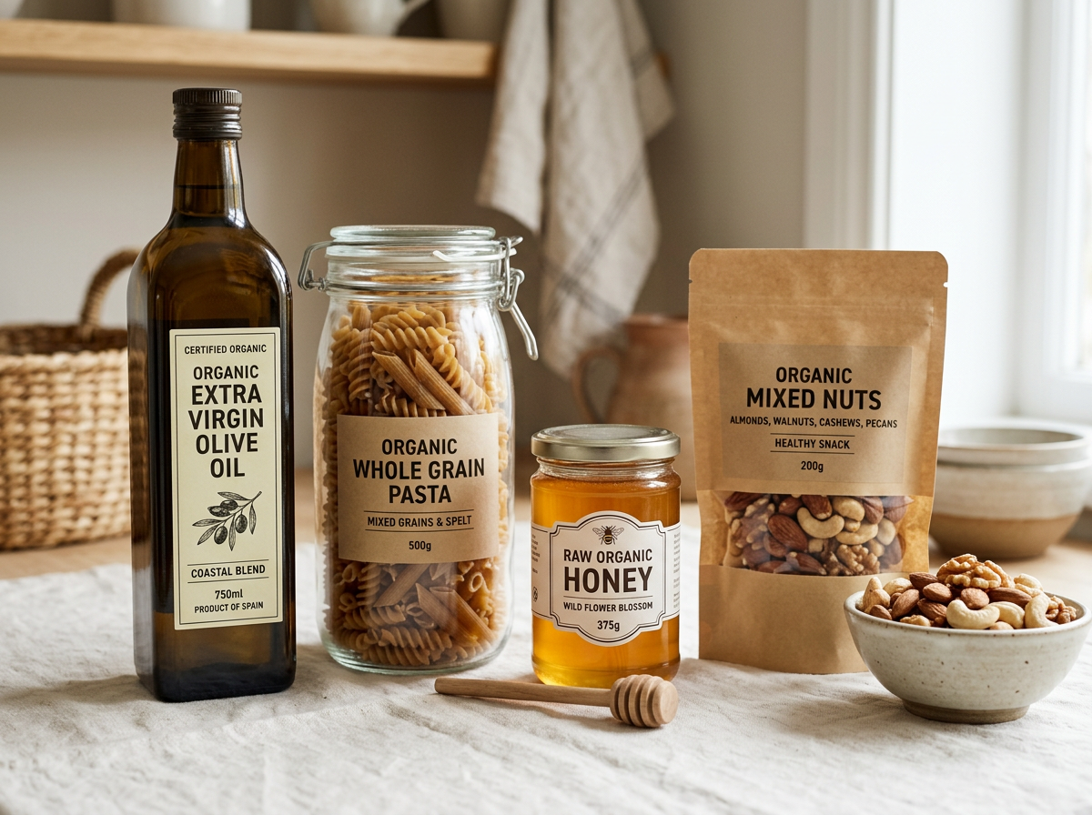 Pantry staples including olive oil, pasta, and honey