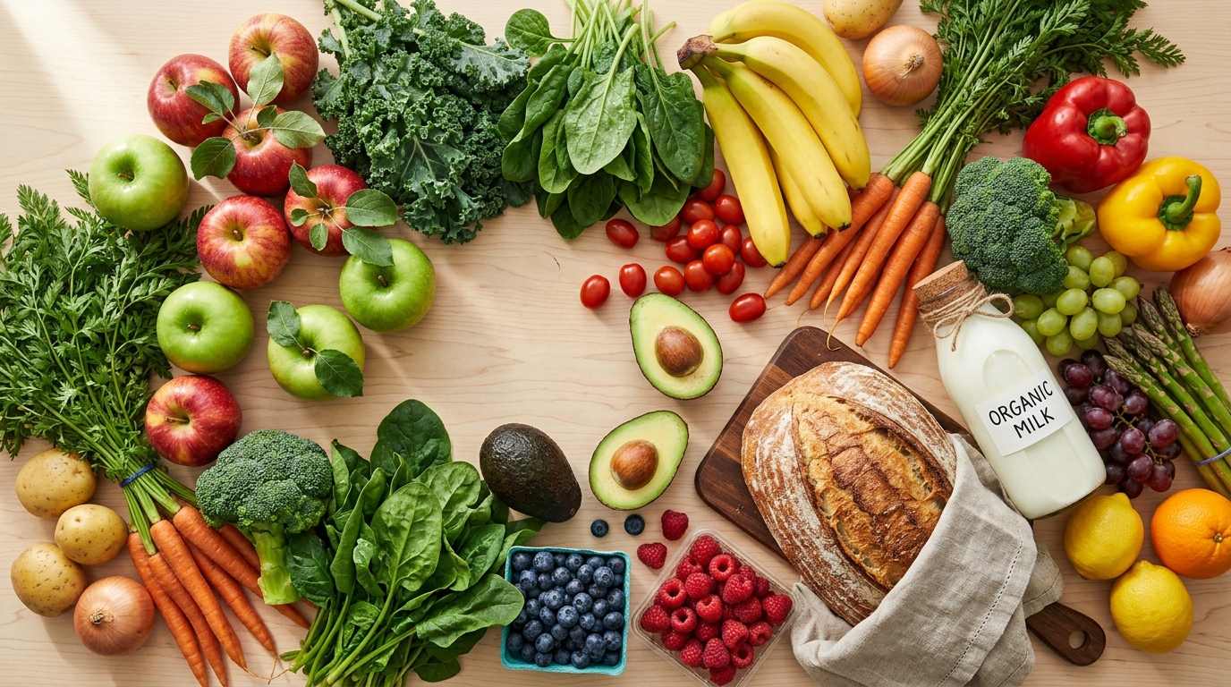 Fresh produce, bread, and dairy arranged on a bright table, ready to shop